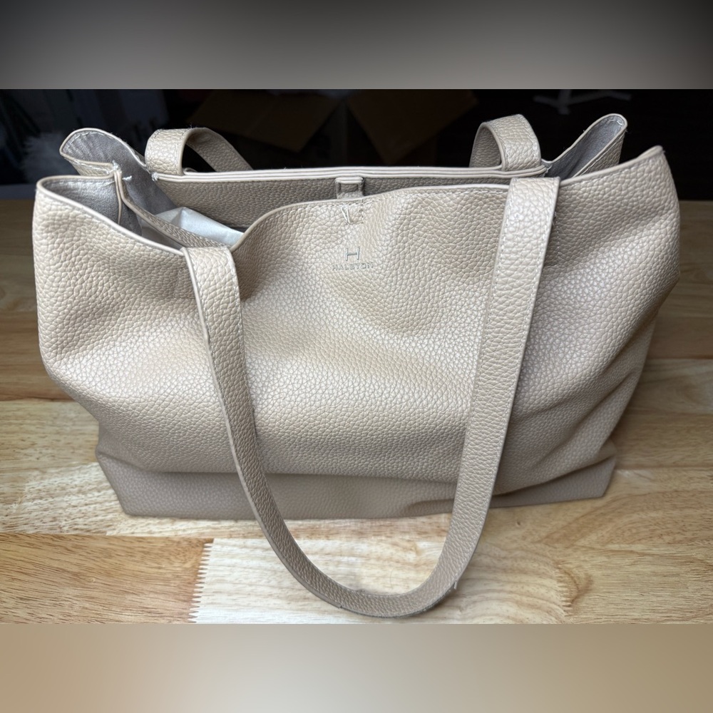 Halston Pebbled Leather Tote Bag Large Taupe Beige Shoulder Bag Minimalist Purse